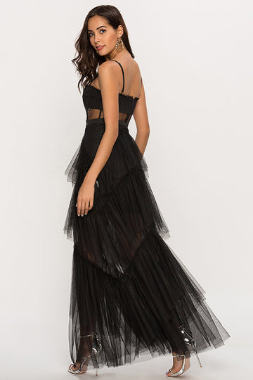 Black Corset Asymmetrical Tulle Long Ball Dress